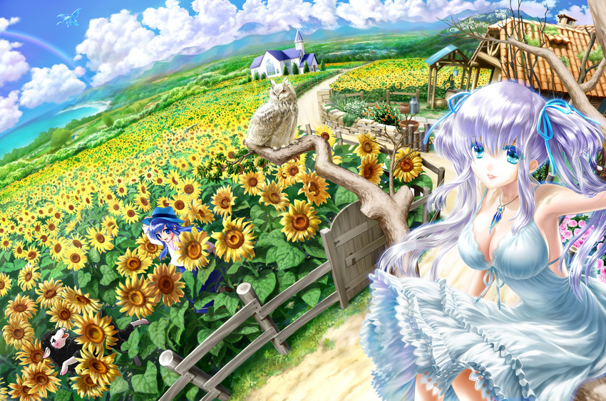 bird black_sheep blue_eyes blue_hair blush breasts character_request cleavage cloud day dress flower hair_ribbon hat highres jewelry large_breasts long_hair mabinogi multiple_girls nao_(mabinogi) necklace owl purple_hair rainbow ribbon sheep sitting skirt sky smile sunflower tougami tree_branch twintails