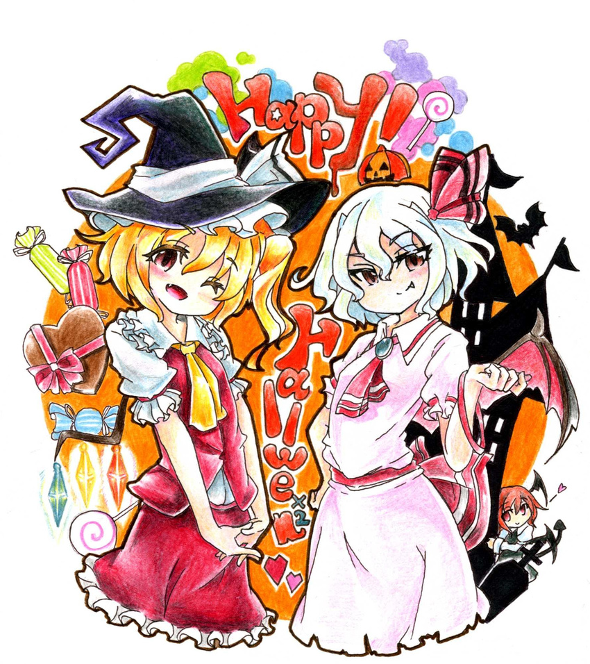 alternate_headwear ascot bat_wings blonde_hair blush brown_eyes candy chocolate chocolate_heart coffin colored_pencil_(medium) cross demon_tail eyelashes fang flandre_scarlet food gokuu_(acoloredpencil) hair_ribbon halloween hand_on_hip happy_halloween hat head_wings heart highres jack-o'-lantern koakuma lollipop looking_at_viewer multiple_girls no_hat no_headwear one_eye_closed open_mouth peeking_out red_eyes red_hair remilia_scarlet ribbon siblings side_ponytail sisters smile tail touhou traditional_media white_hair wings