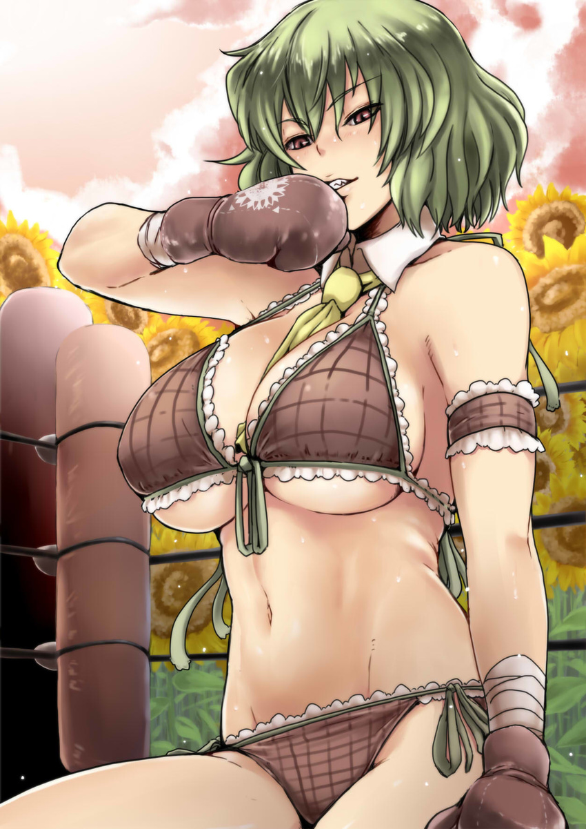 ascot between_breasts bikini boxing_gloves breasts flower front-tie_top green_hair grin highres kazami_yuuka large_breasts plaid red_eyes short_hair side-tie_bikini smile solo sunflower swimsuit tobisawa touhou wrestling_ring