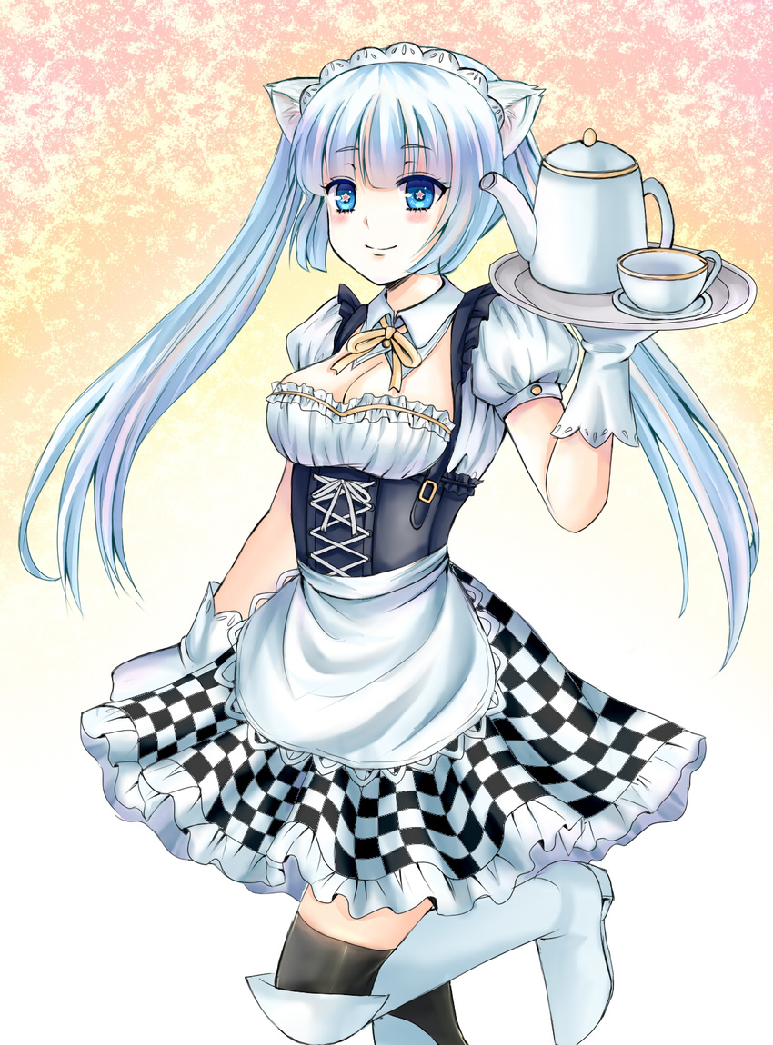 animal_ears apron blue_eyes boots bow cat_ears checkered checkered_skirt corset cup detached_collar gloves highres isyu kneehighs long_hair maid maid_apron maid_headdress miss_monochrome miss_monochrome_(character) puffy_sleeves short_sleeves skirt smile solo standing standing_on_one_leg star star-shaped_pupils symbol-shaped_pupils teacup teapot thighhighs tray white_gloves white_hair zettai_ryouiki