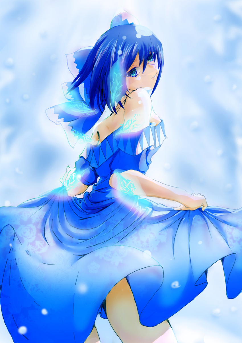 absurdres bare_shoulders blue_background blue_eyes blue_hair bow breasts cirno dress gradient gradient_background hair_bow highres looking_at_viewer looking_back mr._pepe_r older short_hair sideboob skirt_hold smile solo strapless strapless_dress touhou wings