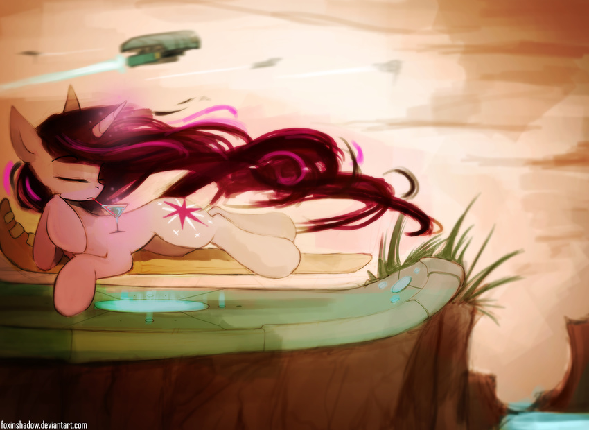bed cloud cutie_mark drink equine eyes_closed female feral foxinshadow friendship_is_magic glass glowing grass hair horn horse levitation long_hair lying magic mammal martini_glass multi-colored_hair my_little_pony outside pony purple_hair ship sky solo spacecraft straw twilight_sparkle_(mlp) unicorn zero-sum