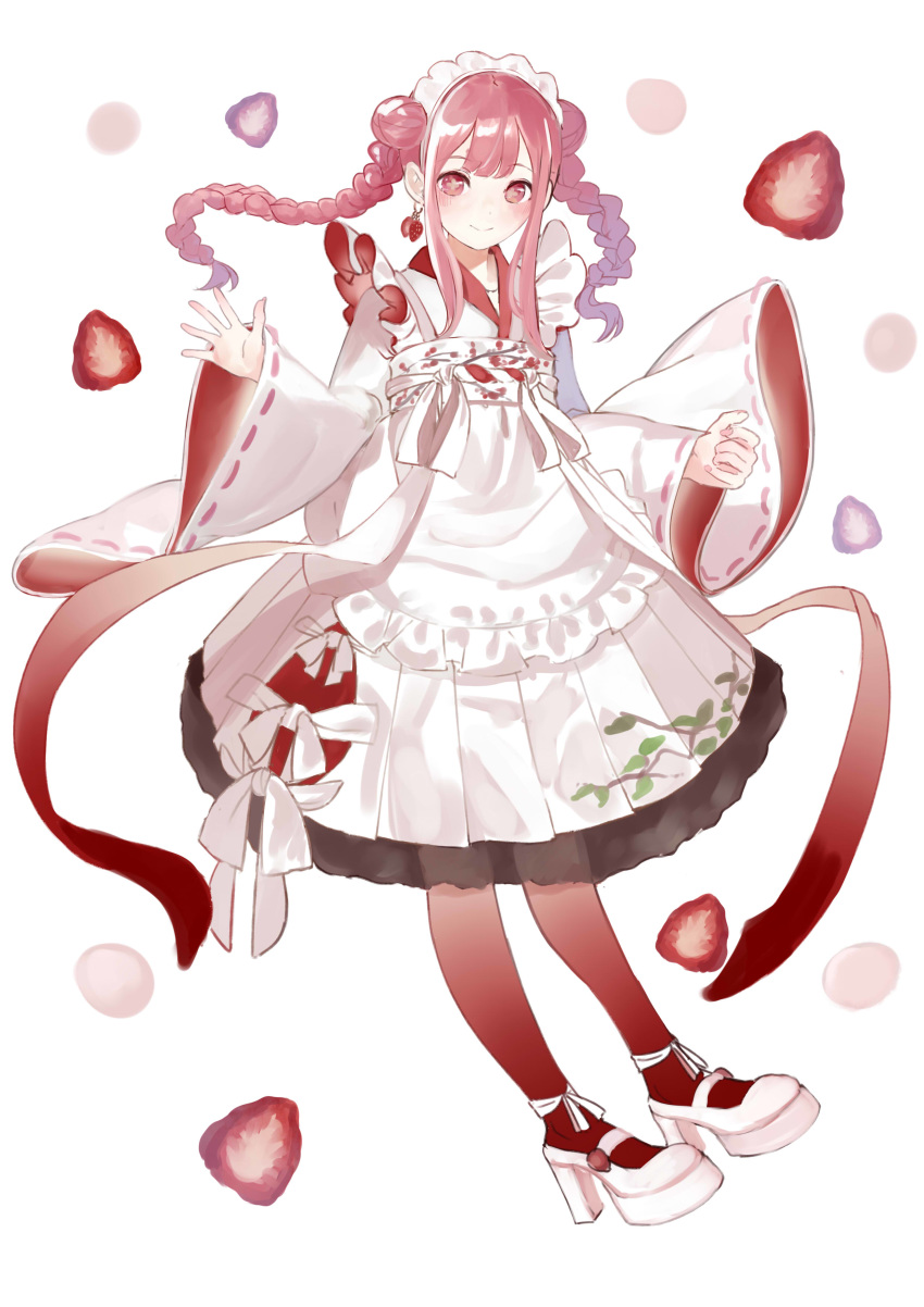 1girl absurdres apron blush braid closed_mouth commentary_request copyright_request double_bun earrings floating_hair flower-shaped_pupils food_themed_earrings frilled_apron frills full_body high_heels highres japanese_clothes jewelry kimono long_hair long_sleeves looking_at_viewer pantyhose pink_hair pleated_skirt red_eyes red_legwear ribbon-trimmed_sleeves ribbon_trim shii_(kairi-t-k0317) shoes short_kimono side_bun simple_background skirt sleeves_past_wrists smile solo strawberry_earrings twin_braids twintails waist_apron white_apron white_background white_footwear white_kimono white_skirt wide_sleeves