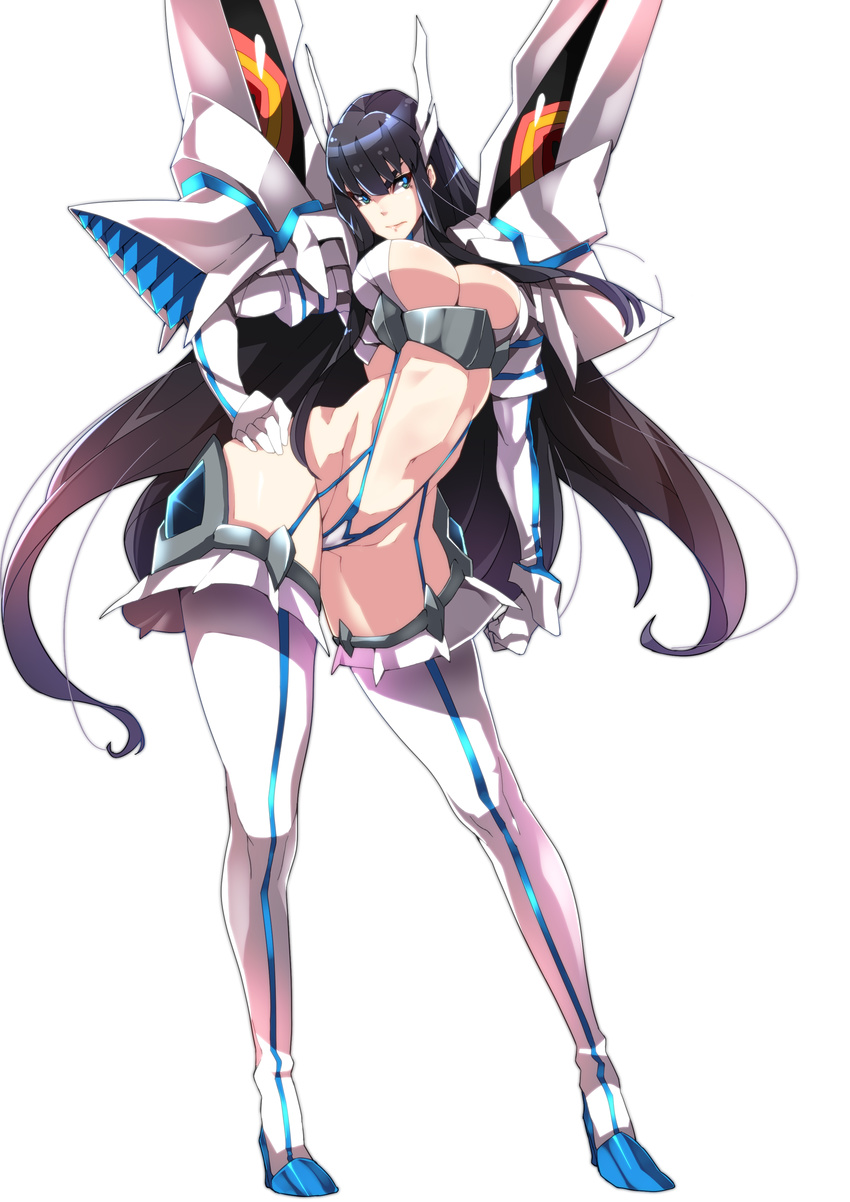 absurdres armor black_hair blue_eyes boots breasts cleavage cleavage_cutout full_body hand_on_hip high_heels highres junketsu kill_la_kill kiryuuin_satsuki large_breasts long_hair makai navel revealing_clothes simple_background spikes thigh_boots thighhighs white_background