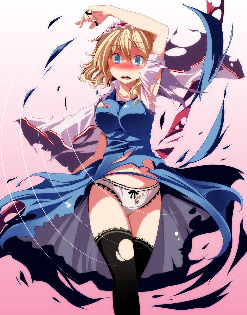 absurdres alice_margatroid arm_up bad_id bad_pixiv_id black_legwear blonde_hair blue_dress blue_eyes blush bow bow_panties breasts cape capelet dress exploding_clothes gradient gradient_background highres jewelry looking_at_viewer medium_breasts midriff panties puffy_sleeves ring s-syogo short_sleeves solo surprised thighhighs torn_cape torn_clothes torn_dress torn_legwear torn_panties torn_sleeves touhou underwear white_panties