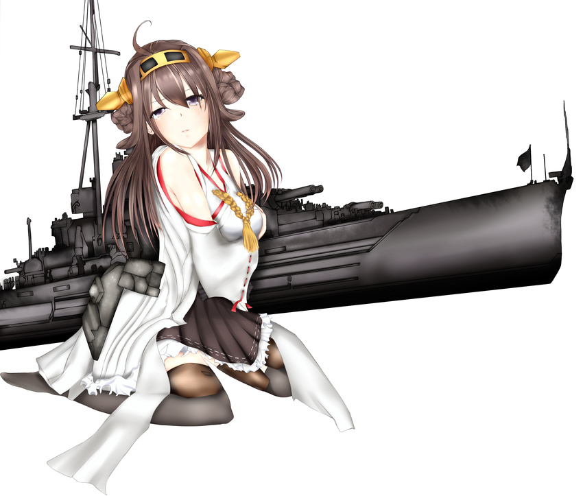 absurdres ahoge bare_shoulders blush brown_hair detached_sleeves double_bun hair_ornament hairband headgear highres japanese_clothes kantai_collection kongou_(kantai_collection) long_hair looking_at_viewer open_mouth purple_eyes sitting skirt solo thighhighs white_background wide_sleeves yukku_(k-highlight)