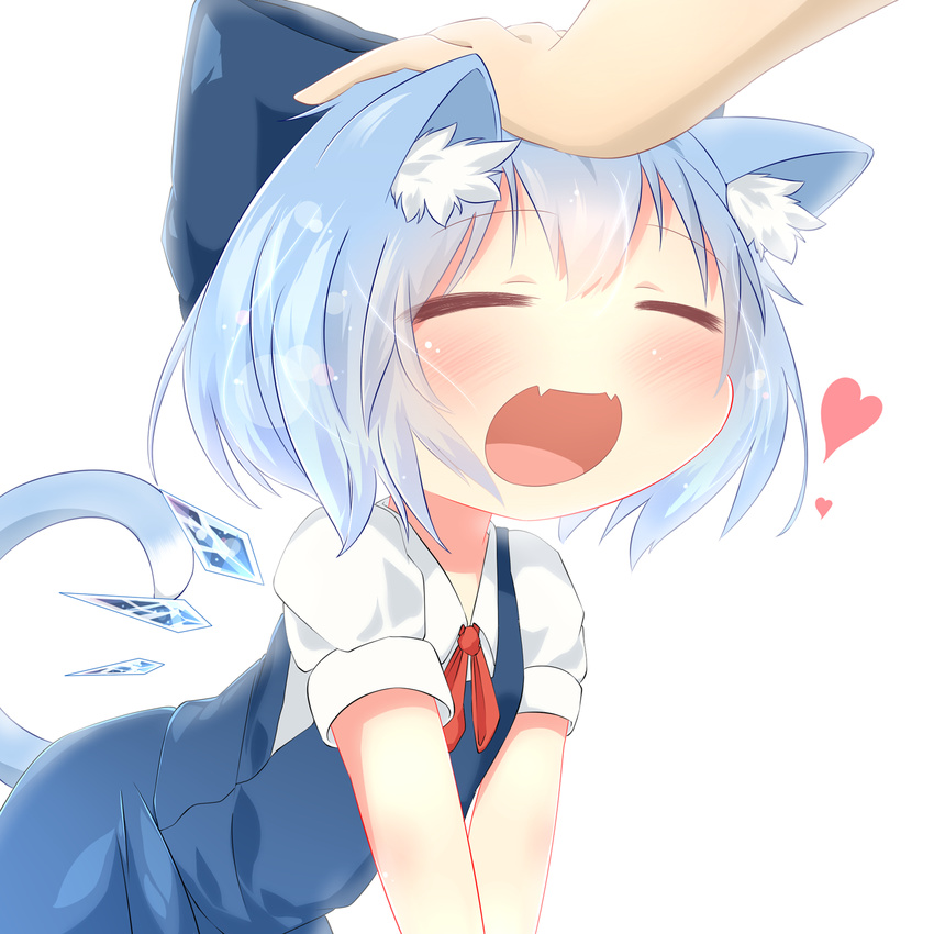 akisha all_fours animal_ears bad_id bad_pixiv_id blue_dress blue_hair blush bow cat_ears cat_tail cirno closed_eyes dress fangs hair_bow heart highres ice kemonomimi_mode open_mouth out_of_frame petting puffy_sleeves shirt short_sleeves simple_background smile solo_focus tail touhou white_background