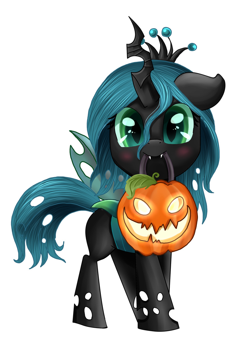 black_body blue_hair blush changeling crown cute equine fangs female feral friendship_is_magic fur green_eyes hair halloween holidays horn horse jack_o'_lantern jack_o'_lantern long_hair looking_at_viewer mammal my_little_pony plain_background pony pridark pumpkin queen_chrysalis_(mlp) smile solo standing transparent_background winged_unicorn wings