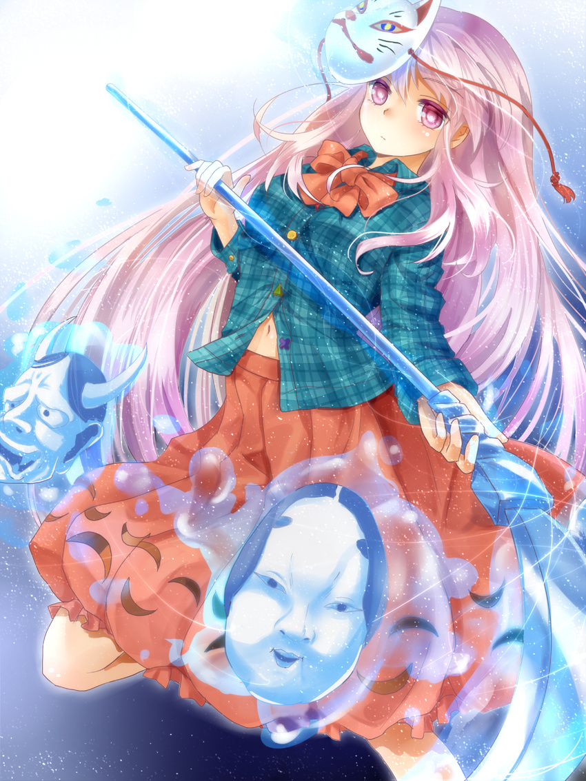 bow hata_no_kokoro highres long_hair mask naginata navel pink_eyes pink_hair plaid plaid_shirt polearm shironeko_yuuki shirt skirt solo touhou weapon