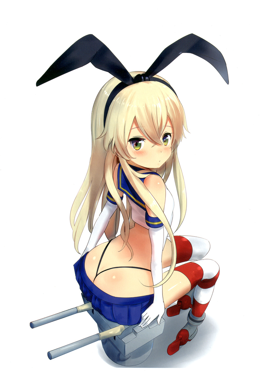 1girl animal_ears ass back blonde_hair blush elbow_gloves flat_chest gloves green_eyes highres kantai_collection legs long_hair looking_at_viewer midriff okiba_gentsuki school_uniform shimakaze_(kantai_collection) simple_background sitting skirt solo striped striped_legwear thighs thong whale_tail white_background