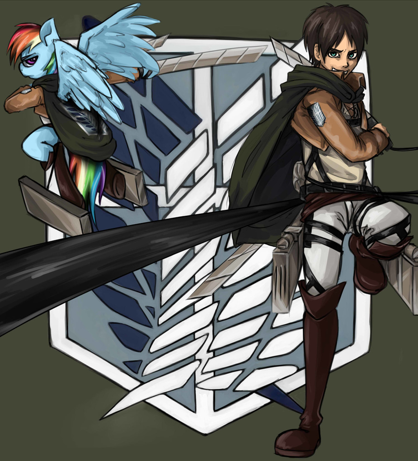 brown_hair cape clothed clothing crossover duo equine female feral friendship_is_magic fur green_eyes hair horse human insanitylittlered jacket long_hair looking_at_viewer looking_back male mammal multi-colored_hair my_little_pony open_mouth pegasus pony purple_eyes rainbow_dash_(mlp) rainbow_hair smile sword weapon wings