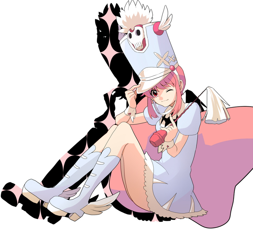 boots dress hat jakuzure_nonon kamiya_ryuu kill_la_kill one_eye_closed pink_eyes pink_hair shako_cap sidelocks smile solo uniform whip