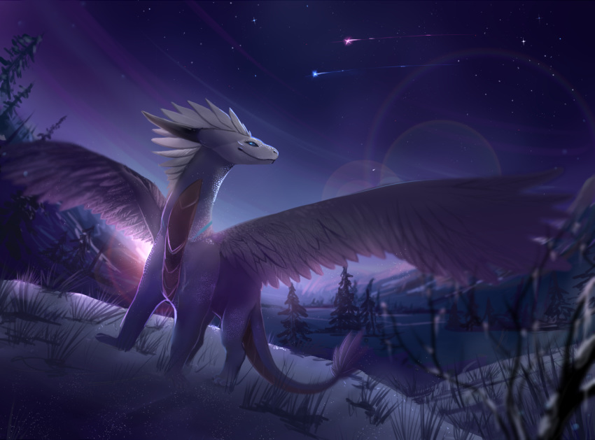 2017 blue_eyes comet detailed_background deviant-soulmates digital_media_(artwork) dragon female illustration lens_flare night scales snow solo star tree white_scales wings yellow_scales