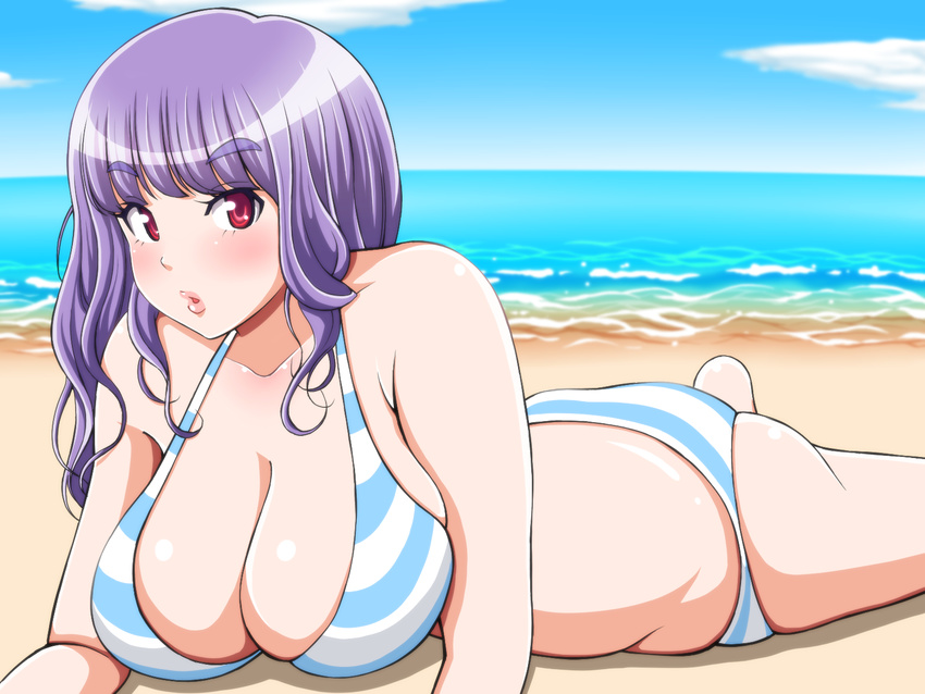 1girl banefan beach bikini blush breasts cleavage highres large_breasts long_hair looking_at_viewer minagawa_yuna ocean original purple_hair red_eyes solo swimsuit water