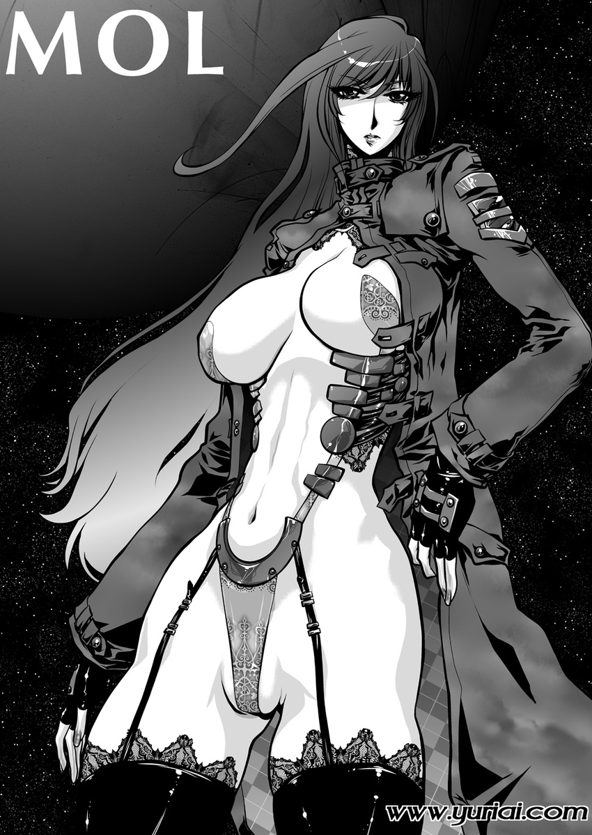 1girl breasts large_breasts long_hair monochrome solo space yuri_ai