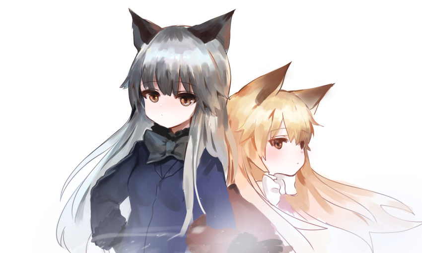 2girls animal_ears bangs black_bow blonde_hair blue_jacket bow brown_eyes closed_mouth commentary dokomon eyebrows_visible_through_hair ezo_red_fox_(kemono_friends) fox_ears fur-trimmed_sleeves fur_trim grey_hair hair_between_eyes hand_on_hip highres jacket kemono_friends long_hair long_sleeves multiple_girls red_jacket silver_fox_(kemono_friends) simple_background very_long_hair white_background white_bow