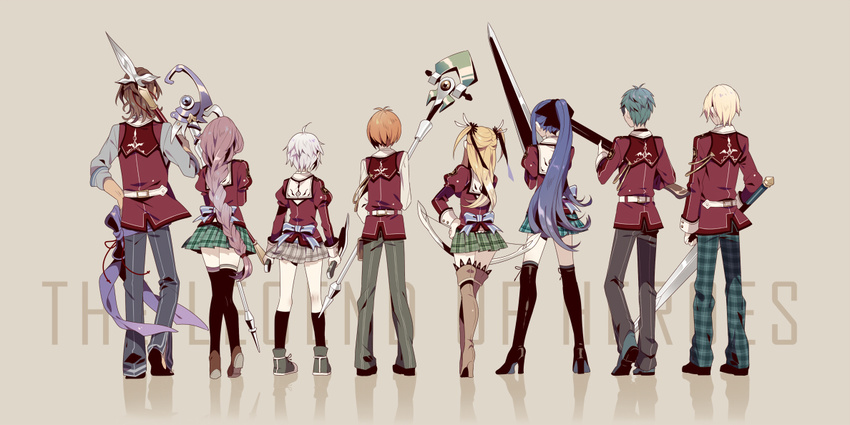 4girls alisa_reinford back-seamed_legwear black_legwear blonde_hair blue_hair boots bow_(weapon) braid brown_background brown_hair brown_legwear dual_wielding eiyuu_densetsu eliot_craig emma_millstein fie_claussell from_behind full_body gaius_worzel green_hair green_skirt gun holding jusis_albarea laura_s._arzeid long_hair machias_regnitz multiple_boys multiple_girls orange_hair pants plaid plaid_skirt polearm ponytail rifle seamed_legwear sen_no_kiseki shikimi_(yurakuru) shoes short_hair single_braid skirt spear staff sword thigh_boots thighhighs two_side_up uniform very_long_hair weapon white_hair