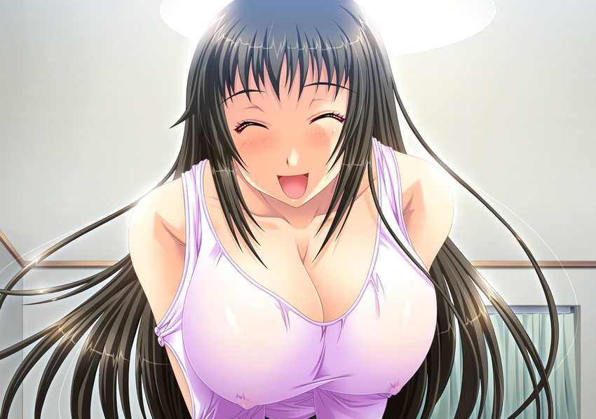 1girl artist_request bare_shoulders black_hair blush breasts character_request cleavage dekakute_ecchi_na_ore_no_ane erect_nipples eyes_closed huge_breasts kaneshiro_wataru long_hair open_mouth smile source_request tsukino_(dekakute_ecchi_na_ore_no_ane)