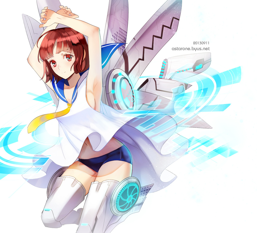android armpits arms_up bad_id bad_pixiv_id bare_shoulders brown_hair dress full_body necktie original red_eyes school_uniform serafuku short_hair simple_background solo thighhighs weed_(astarone) white_background white_dress white_legwear yellow_neckwear zettai_ryouiki