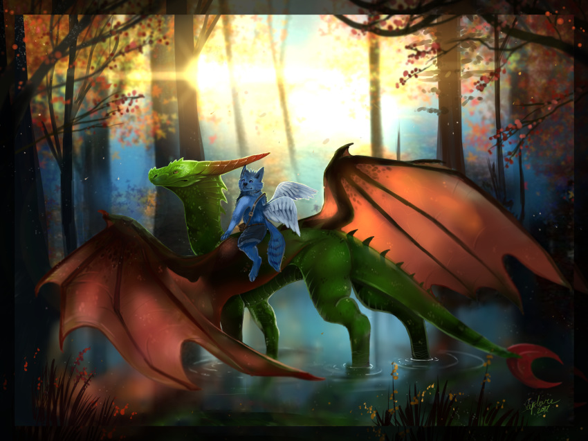2017 anthro canid canine day detailed_background deviant-soulmates digital_media_(artwork) dragon duo feral forest green_scales horn hybrid mammal membranous_wings partially_submerged scales scalie tree water western_dragon wings