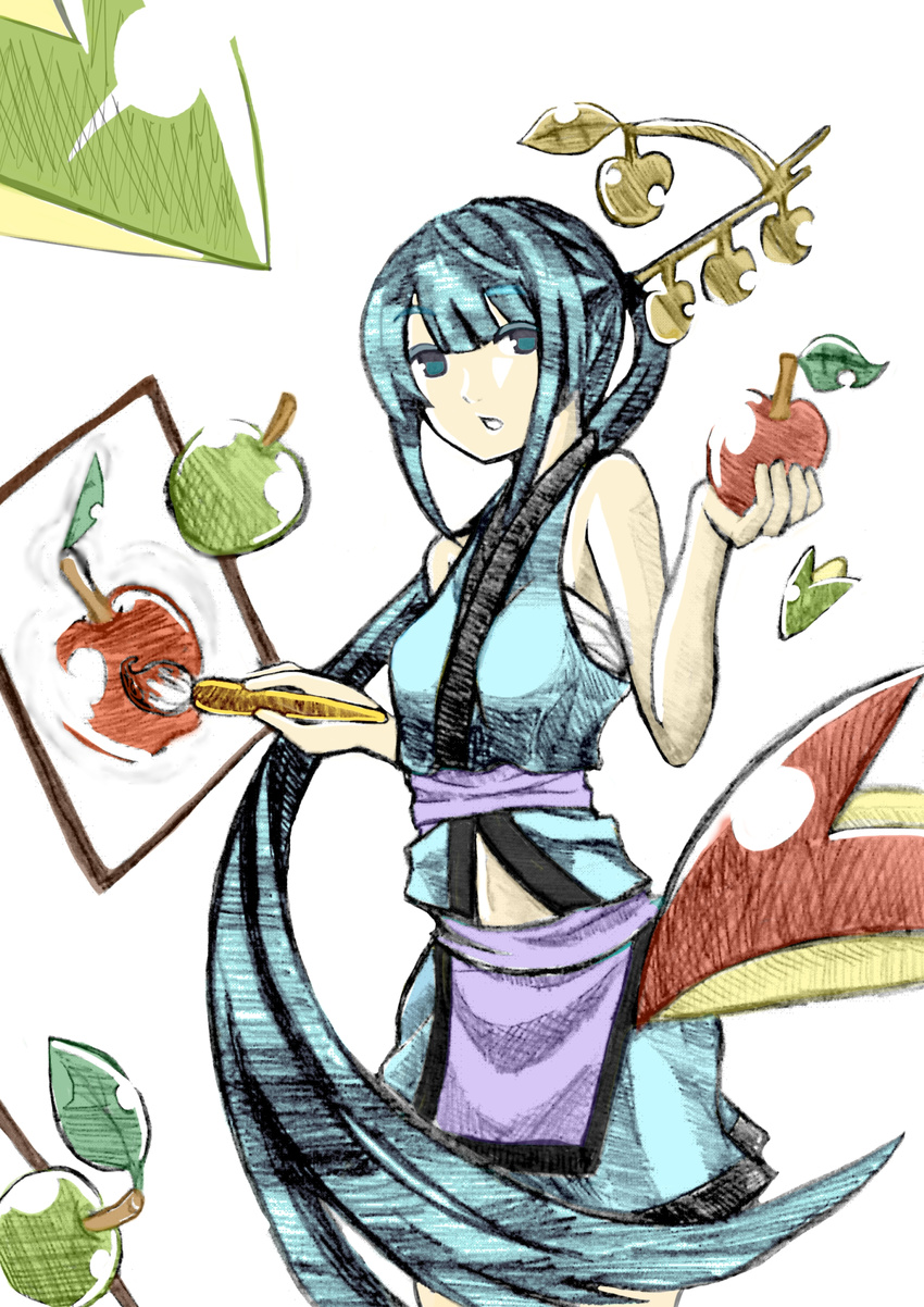 absurdres apple bad_id bad_pixiv_id blue_eyes blue_hair colored_eyelashes food fruit green_apple hair_ornament hair_stick highres holding holding_food holding_fruit leaf long_hair matsukei paintbrush painting pixiv pixiv-tan ponytail red_apple sarashi skirt solo very_long_hair vest