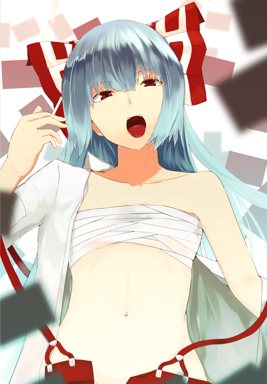 absurdres bad_id bad_pixiv_id bandages bare_shoulders bow cigarette collarbone fujiwara_no_mokou hair_bow highres houmatu_awa long_hair looking_at_viewer navel off_shoulder open_clothes open_mouth open_shirt red_eyes sarashi shirt silver_hair solo suspenders tongue tongue_out touhou upper_body very_long_hair