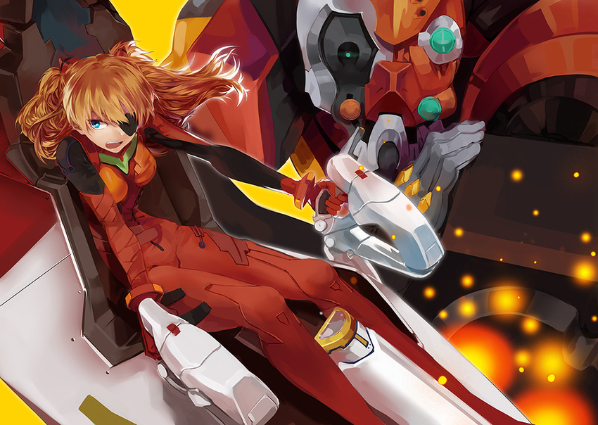 :o backlighting bad_id bad_pixiv_id bangs blue_eyes bodysuit bracer breasts brown_hair cockpit cross-section damaged dutch_angle entry_plug eyepatch floating_hair from_above full_body gloves hair_ornament headgear legs light_brown_hair long_hair long_legs looking_to_the_side mecha neon_genesis_evangelion open_mouth orange_hair outstretched_arms pilot_suit plugsuit rebuild_of_evangelion rff_(3_percent) science_fiction shikinami_asuka_langley sitting skinny small_breasts solo souryuu_asuka_langley tape two_side_up yellow_background