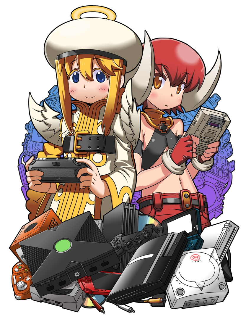 bad_id bad_tumblr_id bare_shoulders beltbra blonde_hair blue_eyes blush cable controller denshi_yuugi_mokushiroku dualshock eleca fingerless_gloves game_boy game_console game_controller gamecube gamepad gloves halo halter_top halterneck handheld_game_console hat highres horns long_hair matsuda_yuusuke midriff mini_wings multiple_girls nintendo_3ds playing_games playstation playstation_2 playstation_3 playstation_portable playstation_vita red_hair sega_dreamcast sega_saturn short_hair tesera wii xbox yellow_eyes