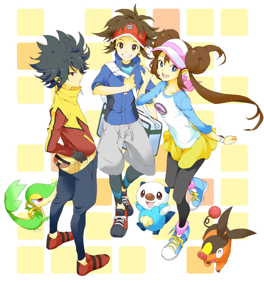 2boys bad_id bad_pixiv_id bag black_hair black_legwear blue_eyes brown_eyes brown_hair double_bun fingerless_gloves gen_5_pokemon gloves hat highres hue_(pokemon) jacket kasuminchi kyouhei_(pokemon) long_hair mei_(pokemon) messenger_bag multiple_boys open_mouth oshawott pantyhose pokemon pokemon_(creature) pokemon_(game) pokemon_bw2 raglan_sleeves short_hair shorts shoulder_bag smile snivy spiked_hair tepig twintails visor_cap