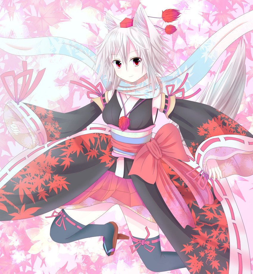 alternate_costume animal_ears armpits bad_id bad_pixiv_id bug butterfly detached_sleeves geta hat highres insect inubashiri_momiji japanese_clothes kimono leaf leaf_background leaf_print leg_up light_smile looking_at_viewer nagishiro_mito obi over-kneehighs pink_background pom_pom_(clothes) red_eyes sash scarf short_hair solo tabi tail tengu-geta thighhighs tokin_hat touhou white_hair wide_sleeves wolf_ears wolf_tail