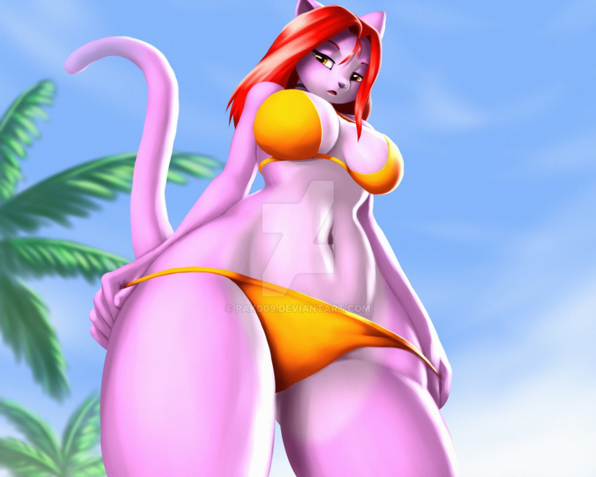 bikini clothing domestic_cat felid feline felis female mammal pak009 palm_tree sky solo swimsuit tree