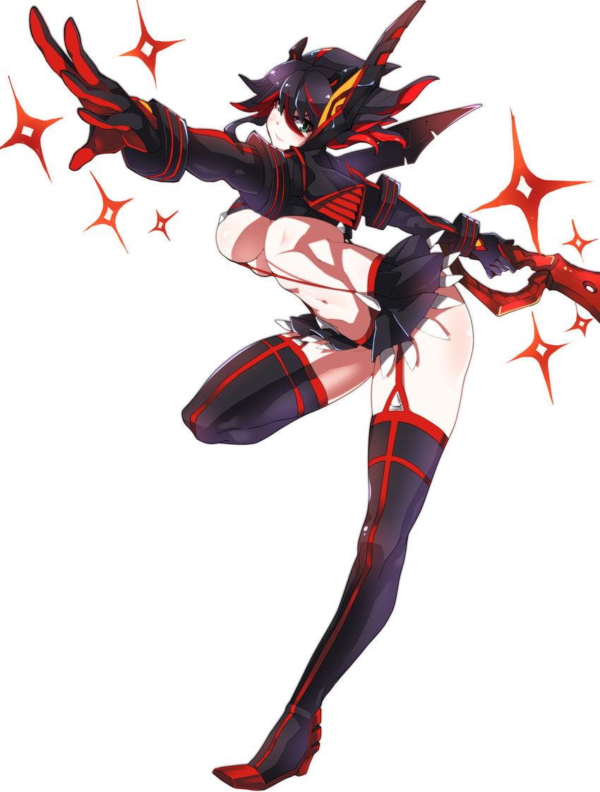 absurdres black_hair black_legwear breasts elbow_gloves full_body gloves green_eyes highres kill_la_kill large_breasts legs makai matoi_ryuuko multicolored_hair navel red_hair revealing_clothes scissor_blade senketsu short_hair simple_background skirt sword thighs weapon white_background