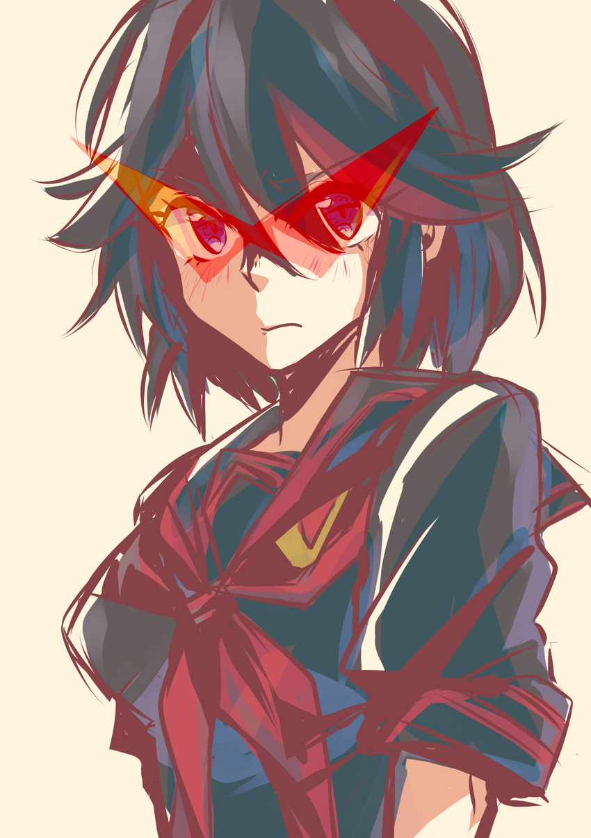 absurdres beige_background bunnyhana creator_connection highres kamina_shades kill_la_kill matoi_ryuuko school_uniform senketsu serafuku short_hair simple_background sleeves_rolled_up solo sunglasses tengen_toppa_gurren_lagann