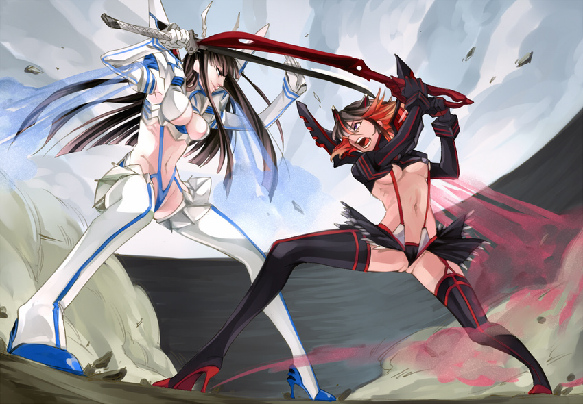 armor bakuzan battle black_hair blue_eyes boots breasts cleavage cleavage_cutout duel hairpods haruhikohiko high_heels junketsu kill_la_kill kiryuuin_satsuki long_hair matoi_ryuuko medium_breasts midriff multicolored_hair multiple_girls navel open_mouth red_hair revealing_clothes scissor_blade senketsu short_hair skirt suspenders sword thigh_boots thighhighs two-tone_hair underboob weapon