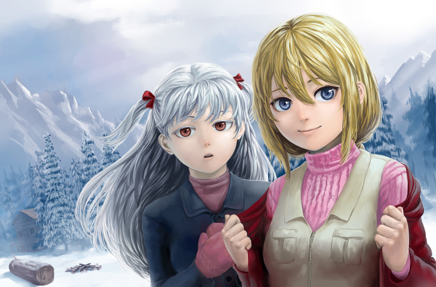 blonde_hair blue_eyes brown_eyes cabin cloud coat gloves hair_ribbon highres lasterk log long_hair mountain multiple_girls original ribbon sky snow sweater tree two_side_up vest white_hair