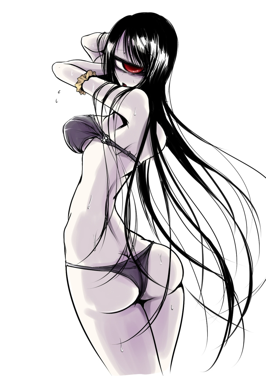 1girl ass back bikini black_hair butt_crack cyclops female from_behind highres long_hair looking_back monster_girl one-eyed original red_eyes sangyou_haikibutsu_(turnamoonright) simple_background solo swimsuit white_background
