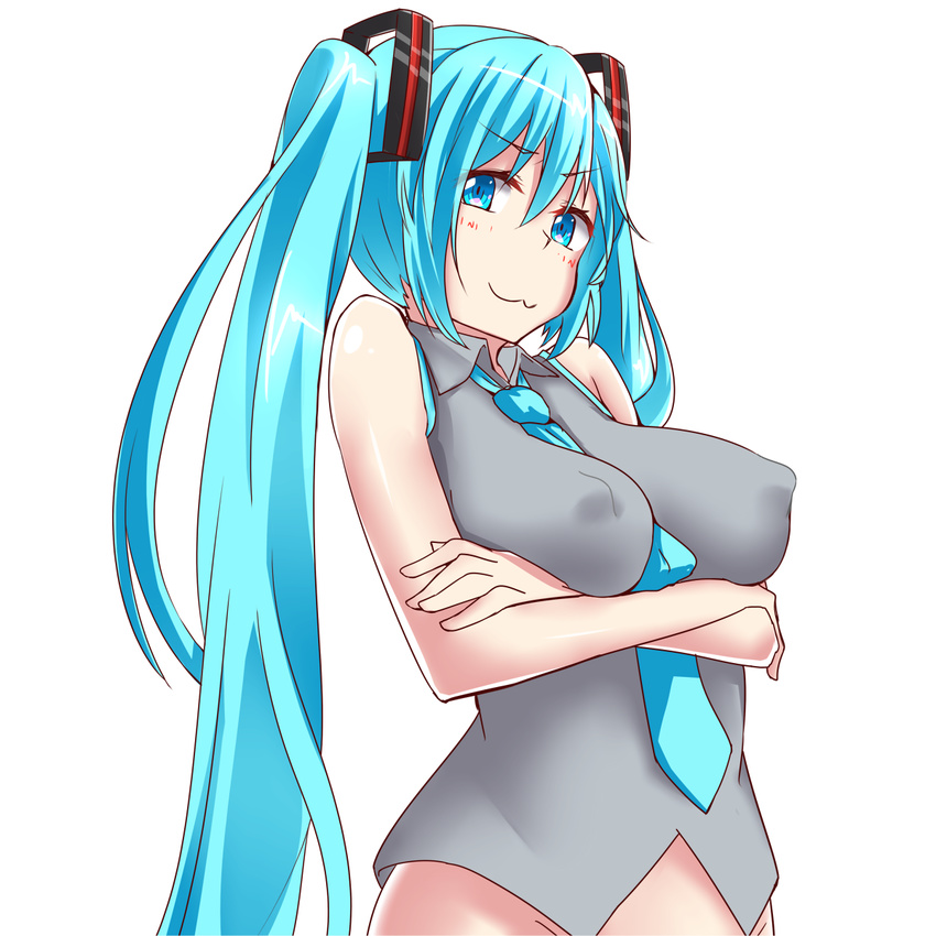 :3 aqua_eyes aqua_hair bad_id bad_pixiv_id breasts covered_nipples crossed_arms hatsune_miku highres jaku_denpa large_breasts long_hair necktie simple_background solo twintails very_long_hair vocaloid white_background