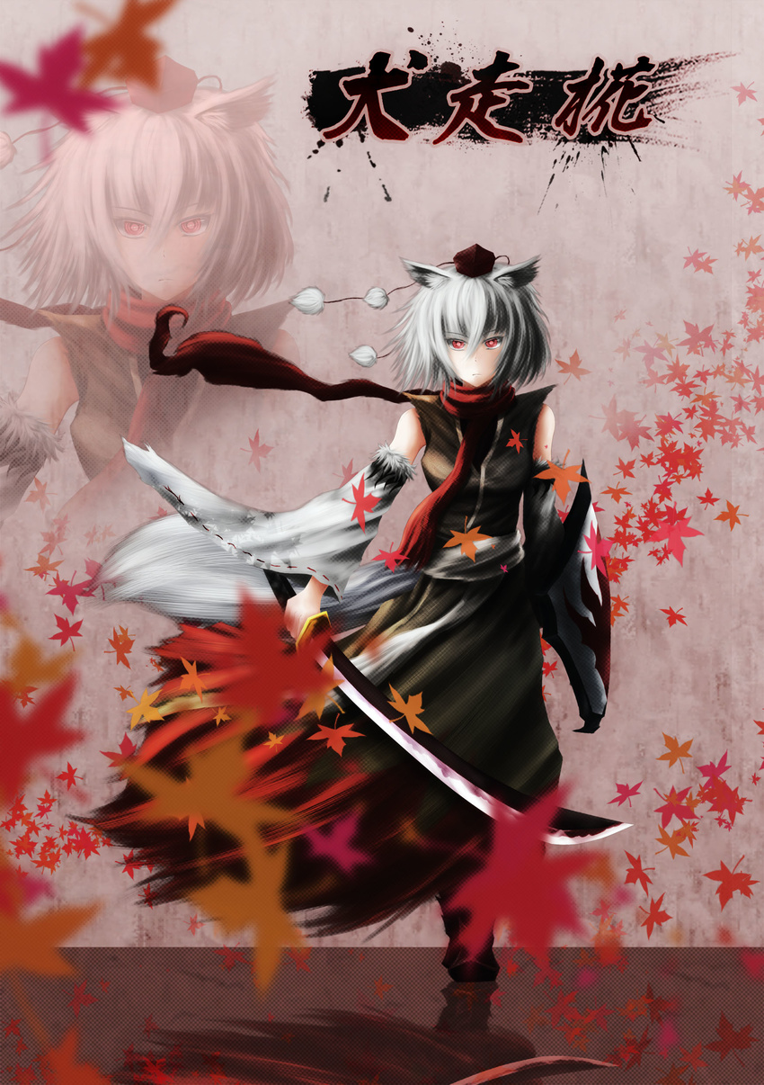 absurdres alternate_costume animal_ears bad_id bad_pixiv_id detached_sleeves dress hat highres ihciad_(daichy) inubashiri_momiji leaf maple_leaf red_eyes sash scarf shield short_hair solo sword tail tokin_hat touhou weapon white_hair wolf_ears wolf_tail zoom_layer