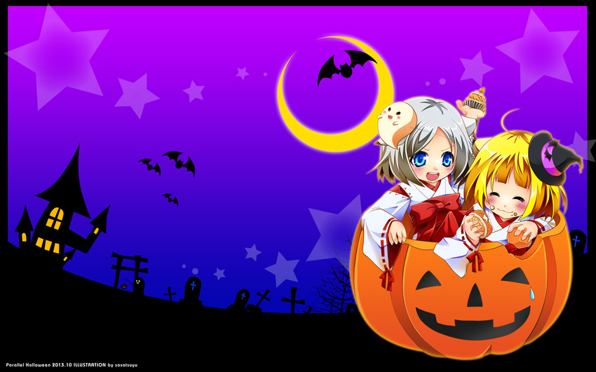 2girls bat blonde_hair blue_eyes closed_eyes crescent_moon cross eating food food_on_face ghost grey_hair halloween hat highres house japanese_clothes miko moon multiple_girls original pumpkin sasatsuyu short_hair star tombstone tree witch_hat
