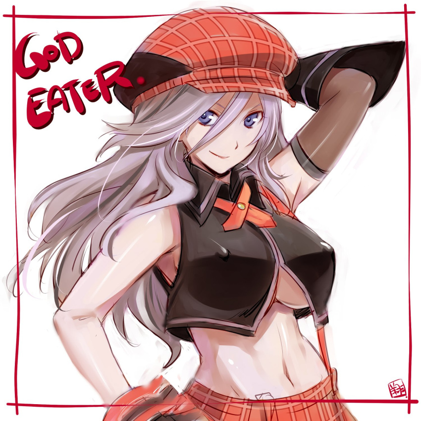 1girl alisa_ilinichina_amiella blue_eyes breasts cabbie_hat god_eater hat highres large_breasts long_hair looking_at_viewer midriff navel smile suspenders tagme underboob