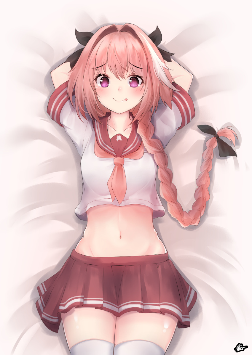 1boy :p absurdres arms_behind_head arms_up astolfo_(fate) bed_sheet black_bow blush bow braid closed_mouth collarbone commentary_request cowboy_shot fate/grand_order fate_(series) from_above hair_bow hair_intakes highres hiromaster_sinta_jh long_hair looking_at_viewer lying miniskirt navel neckerchief on_back pink_hair pink_neckwear pink_sailor_collar pink_skirt pleated_skirt purple_eyes sailor_collar school_uniform serafuku shirt short_sleeves signature single_braid skirt smile solo stomach tareme thighhighs tongue tongue_out trap very_long_hair white_hair white_legwear white_shirt zettai_ryouiki