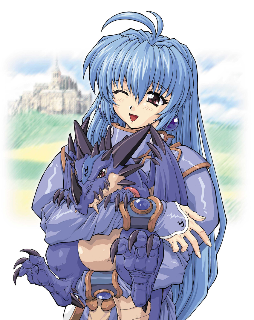 absurdres alicia_mcfadden antenna_hair blue_hair brave_soul brown_eyes castle dragon earrings highres hug jewelry long_hair mogudan one_eye_closed open_mouth very_long_hair