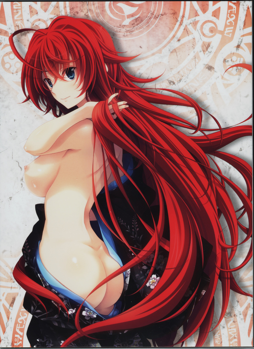 1girl absurdres ass back blue_eyes breasts high_school_dxd highres japanese_clothes kimono large_breasts long_hair miyama-zero official_art red_hair rias_gremory smile solo standing very_long_hair yukata