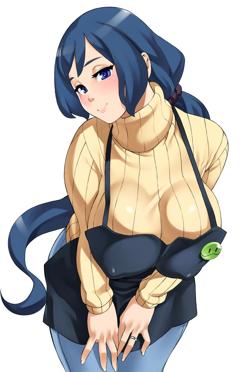apron blue_eyes blue_hair breasts denim gundam gundam_build_fighters haro_button_badge highres huge_breasts iori_rinko jeans jewelry leaning_forward long_hair looking_at_viewer mature pants ponytail ribbed_sweater ring simple_background smile solo sweater turtleneck very_long_hair wedding_band white_background zonda_(solid_air)