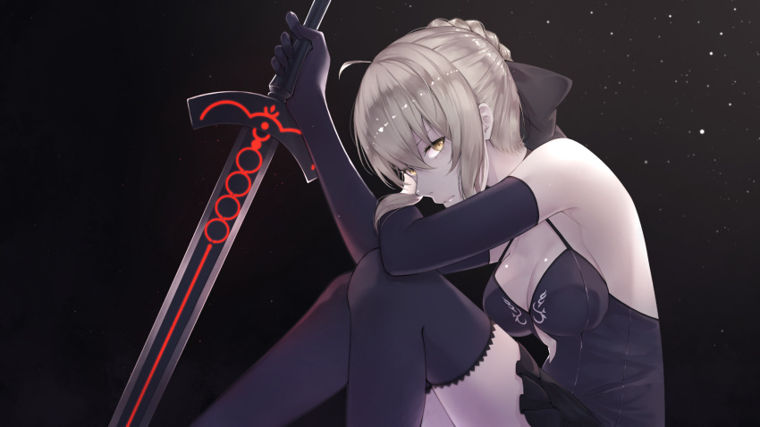 1girl ahoge armpits artoria_pendragon_(all) bangs bare_shoulders black_background black_bow black_dress black_gloves black_legwear bow braid breasts cleavage closed_mouth dark_excalibur dress elbow_gloves expressionless fate/grand_order fate_(series) feet_out_of_frame frilled_dress frills from_side gloves gradient gradient_background grey_hair hair_between_eyes hair_bow halter_dress highres holding holding_sword holding_weapon knees_up light_particles looking_at_viewer looking_to_the_side medium_breasts pale_skin saber_alter scal2let short_hair sidelocks sideways_glance sitting sleeveless sleeveless_dress solo sword thighhighs weapon yellow_eyes