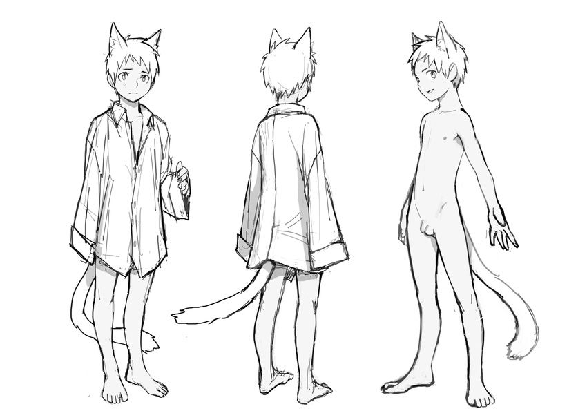 animal_ears blockun cat_ears cat_tail full_body greyscale highres male_focus monochrome naked_shirt nude original penis shirt sketch smile solo tail