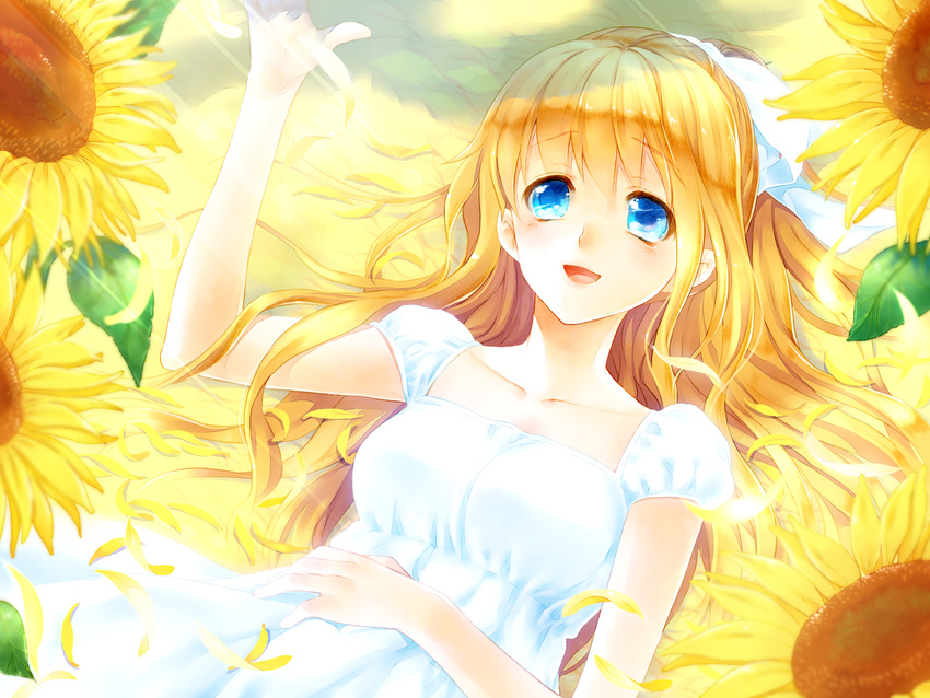 air blonde_hair blue_eyes collarbone dress flower hair_ribbon kamio_misuzu long_hair mada_(mk333) ponytail ribbon smile solo sunflower