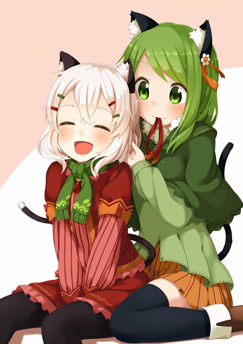 ^_^ adjusting_hair animal_ears black_legwear blush cat_ears cat_tail closed_eyes dress flower green_eyes green_hair hair_flower hair_ornament hairclip hana_(muku) highres mouth_hold muku_(muku-coffee) multiple_girls neckerchief open_mouth original pantyhose poncho ribbon shiro_(muku) short_hair sitting skirt smile tail thighhighs wariza white_hair