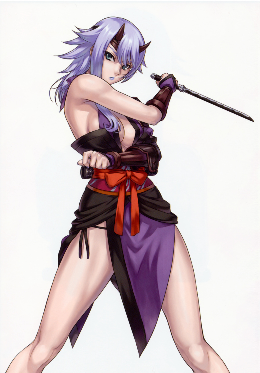 absurdres aqua_eyes armor armpits bare_shoulders breasts cleavage eiwa fighting_stance flipped_hair head_tilt headband highres holding horns japanese_clothes large_breasts lavender_hair lipstick long_hair looking_at_viewer lowleg lowleg_panties makeup nail_polish ninja ninjatou no_bra obi official_art panties purple_lipstick queen's_blade sash scan sheath shizuka_(queen's_blade) side-tie_panties side_slit sideboob sidelocks simple_background solo spread_legs sword underwear vambraces weapon white_background