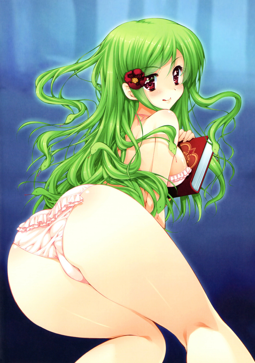 :q absurdres araiguma ass back bangs bare_shoulders bikini blue_background book breasts fat_mons flower frilled_bikini frills genkai_tokki_monster_monpiece gorgon gradient gradient_background green_hair hair_flower hair_ornament highres holding holding_book kneepits leaning_forward legs long_hair looking_at_viewer looking_back medium_breasts medusa_(genkai_tokki_monster_monpiece) official_art parted_bangs pink_bikini red_eyes scan sideboob snake_hair solo swept_bangs swimsuit taut_clothes tongue tongue_out very_long_hair
